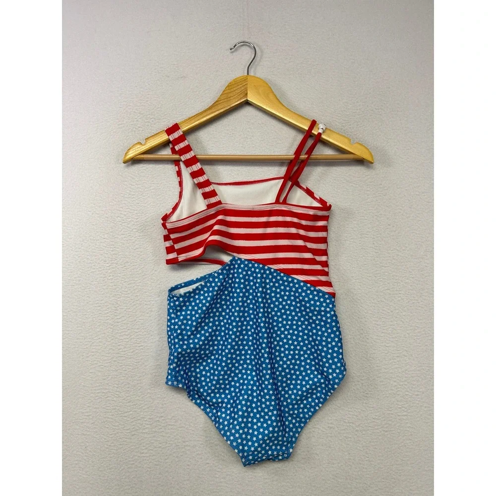 Americana Cat & Jack Girls L 10/12 Red Blue Stars Stripes Cutout Swimsuit
